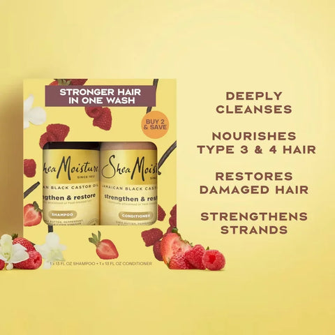 SheaMoisture Shampoo & Conditioner Bundle for Damaged Hair, 100% Pure Jamaican Black Castor Oil - 26oz/2pk